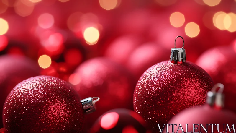 Red glitter ornaments are arranged in a shallow-focus field