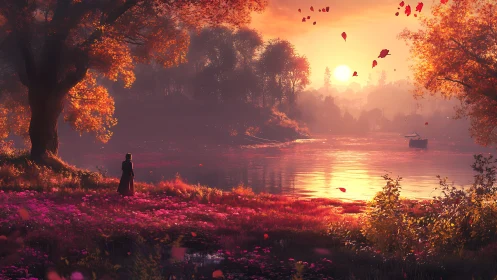 Solitary figure observes autumn sunset over reflective lake