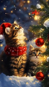 Festive Cats in Santa Attire Explore Christmas Tree Ornaments