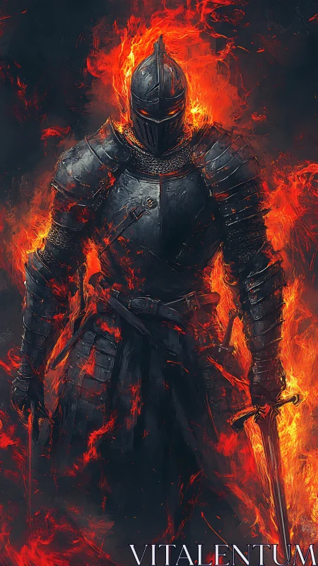 Armored fire knight strides through blazing inferno of war