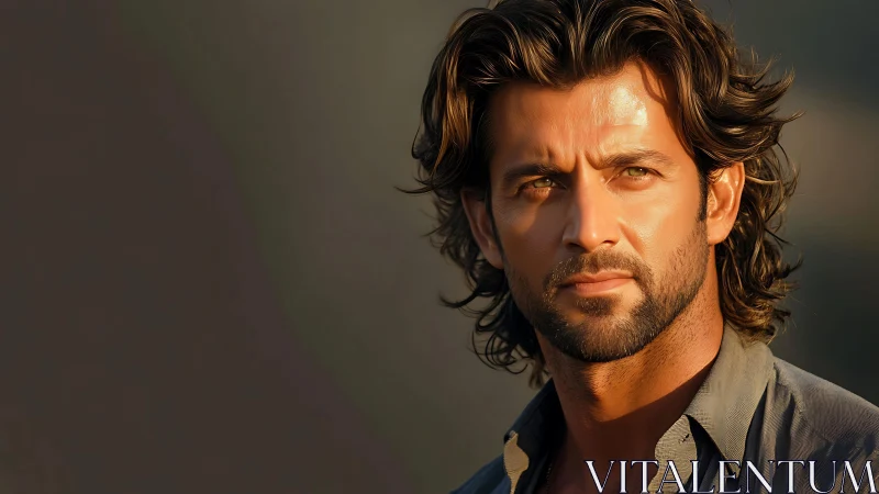 Sunlit portrait captures intense gaze of rugged man outdoors