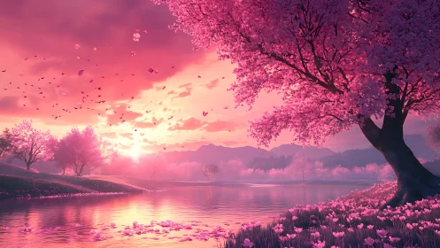 Blossoming riverside under radiant pink sunset glow.