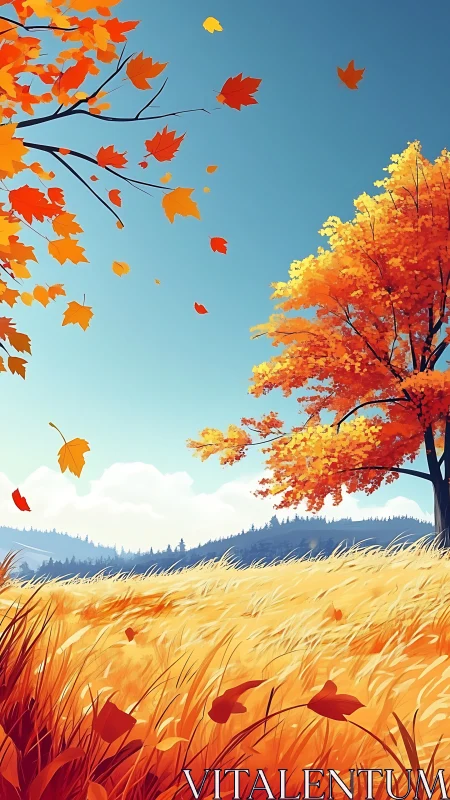 Golden autumn meadow dancing under a bright blue sky.