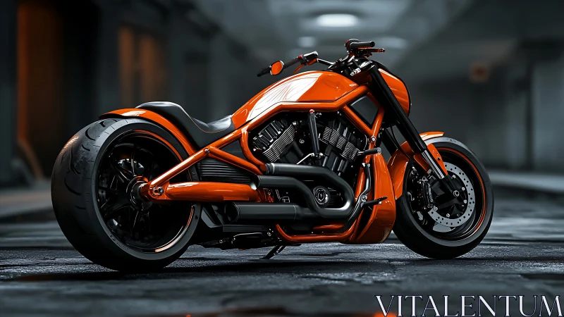 Orange custom motorcycle is positioned in an underground garage
