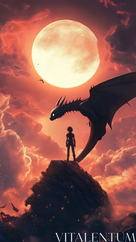 Young hero and dragon meet destiny beneath a burning moon