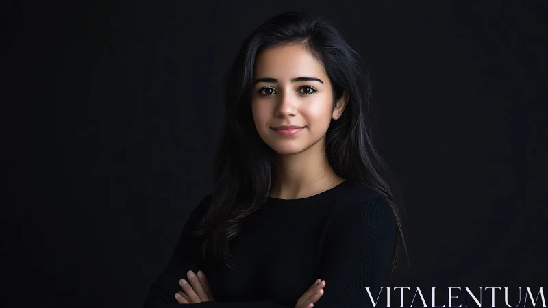 Confident young woman in black, modern portrait photography style.