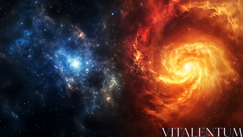 Cosmic Firestorm Meets Sapphire Nebula in Stellar Standoff.