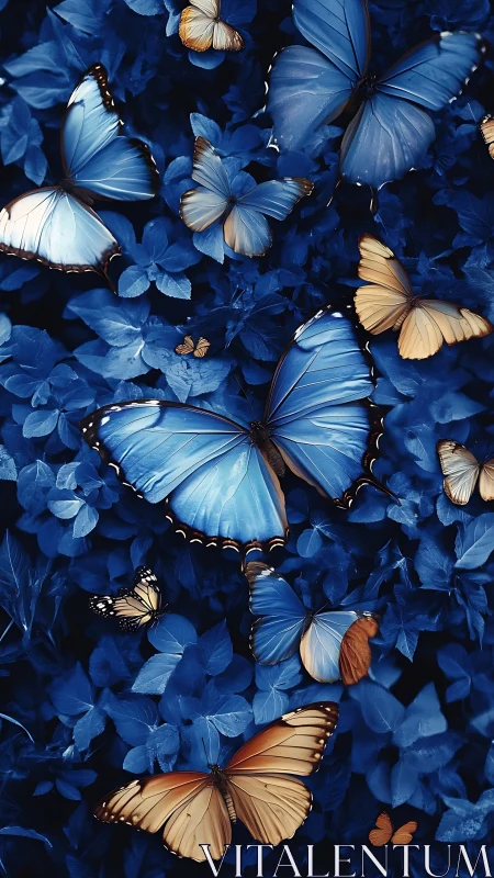 Blue and amber butterflies over monochrome indigo foliage.