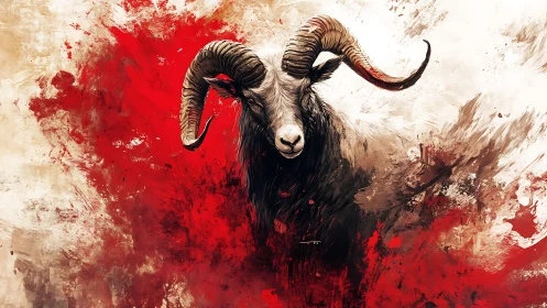 Ram portrait exploding through bold red paint splashes.