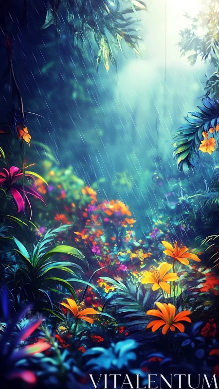 Rain-kissed jungle blooms glowing in dreamy twilight.