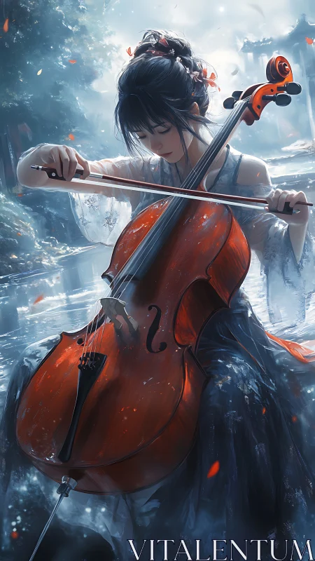 Cellist in ethereal riverside light with luminous red maple.