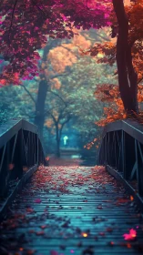 Autumn bridge under neon foliage in misty forest path.