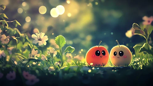 Two glowing berry friends trade secrets in the meadow light