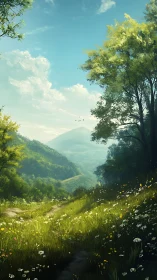 Sunlit wildflower valley path under distant blue mountains.