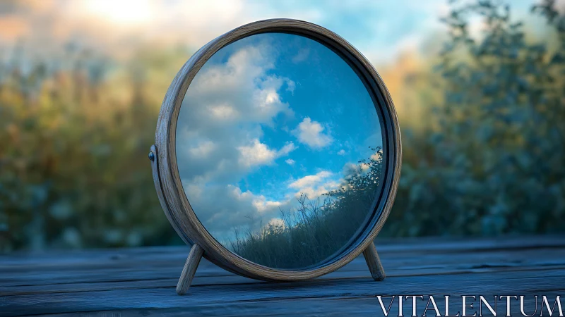 Round wooden mirror reflecting bright blue cloudy sky.