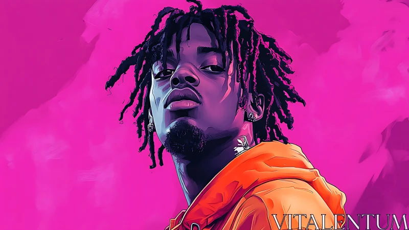 Bold digital portrait of confident man in orange hoodie.