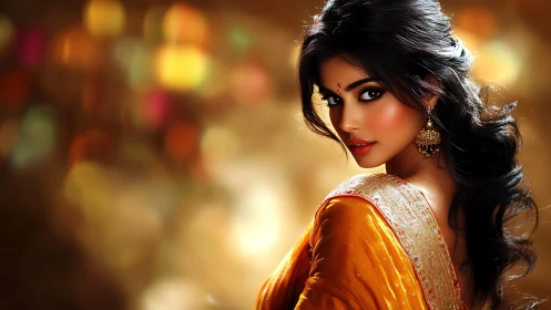 Elegant woman in golden sari against glowing bokeh backdrop.