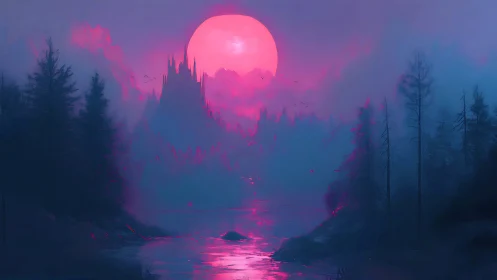 Mystic pink moonrise over a dreamy forested lake.