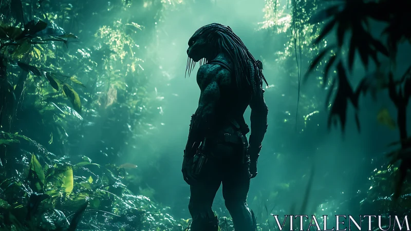 Bioluminescent jungle hunter silhouette in volumetric teal haze