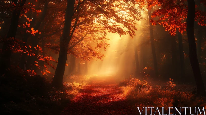 Golden Sunlight Pierces Through Autumn Forest.