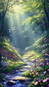 Sunlit forest stream winds through vibrant wildflower valley