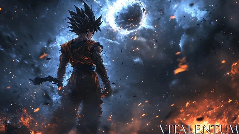 Cosmic warrior squares his silhouette against collapsing stars