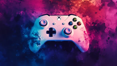 Colorful gaming controller glowing in a vivid cosmic cloud.