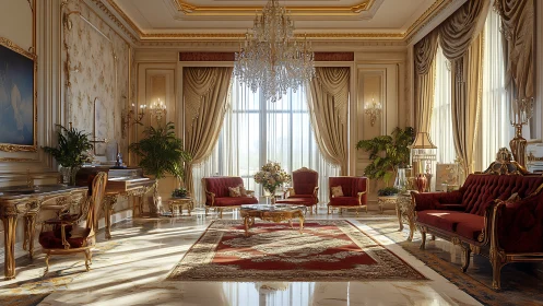 Palatial neoclassical salon with gilded Rococo furnishings.