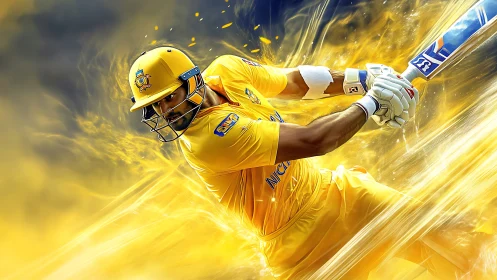 Golden cricket comet in mid-swing shattering the boundary.