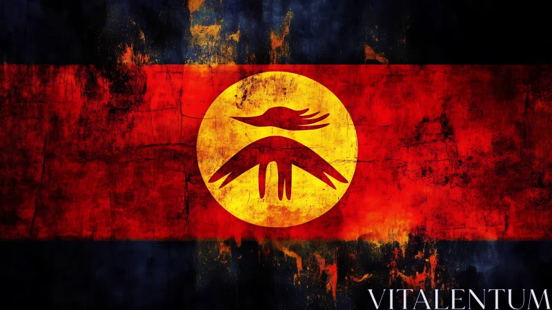 Grunge textured flag design with stylized bird emblem in circle