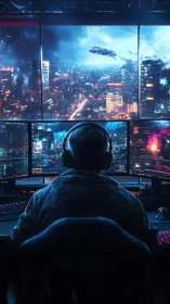 Operator monitors cyberpunk skyline through multi-display command array