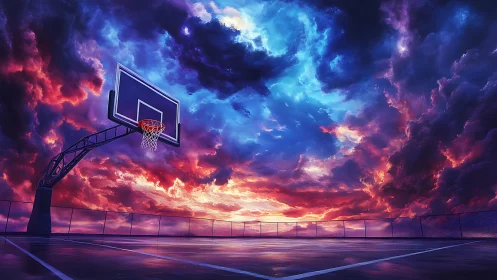 Storm-lit rooftop basketball court glows under vivid sunset