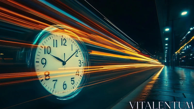 Chronometric motion blur with luminous transit streaks at night.