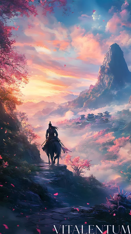 Solitary rider traverses misty sakura valley toward distant citadel