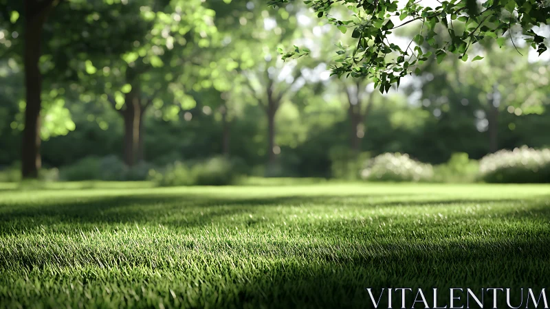 Shallow depth of field lawn scene with backlit trees and foliage