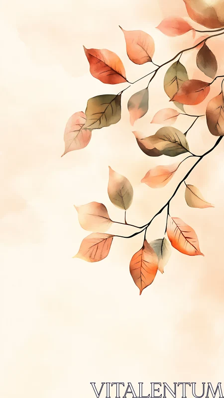 Delicate autumn branch with soft pastel leaves on beige
