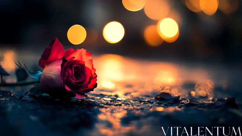 Single red rose on wet pavement under warm city lights.