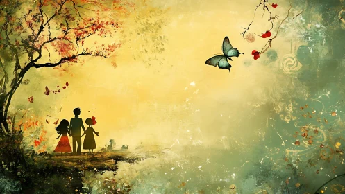 Silhouetted family figures standing beneath autumn foliage within luminous ethereal landscape compos
