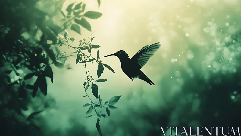Hummingbird in Flight Among Leaves, Dreamy Nature Scene.