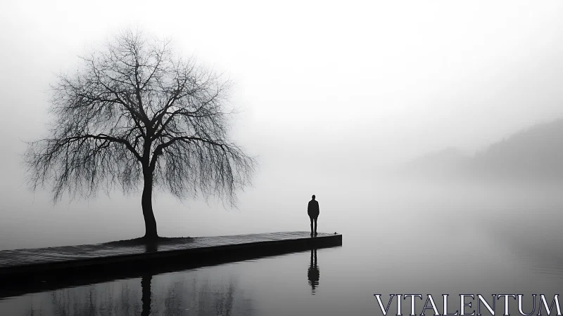 Solitary figure on a foggy lakeside pier embraces quiet reflection