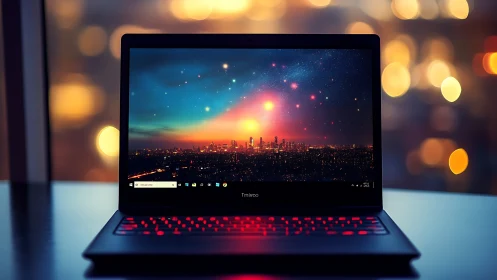 Laptop screen displays neon skyline under cosmic night sky
