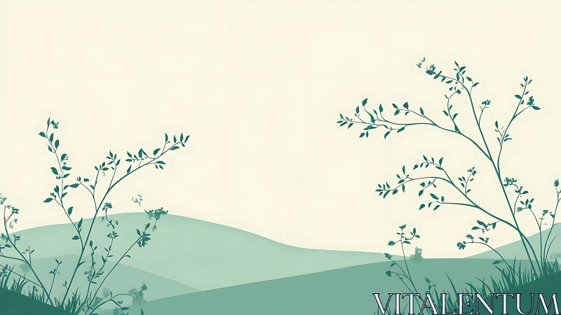 Minimalist vector meadow with stylized teal botanical silhouettes