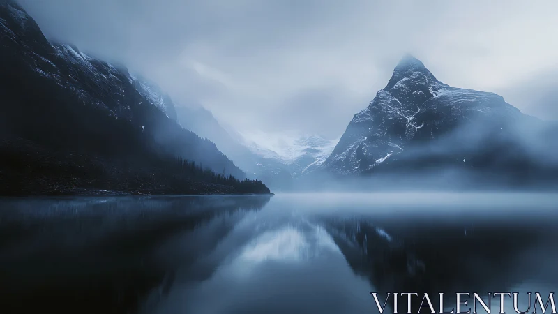 Glacial mountain ridge reflected in low-contrast foggy alpine lake