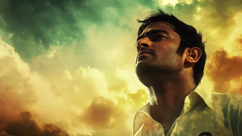 Cinematic low-angle portrait against dramatic cloudscape lighting.