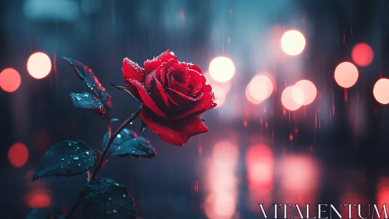 Red Rose Bokeh Rain. Crimson petals wet.