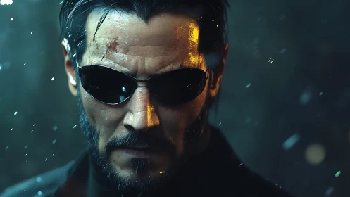 Stormlit cyber guardian in midnight shades and battle scars.