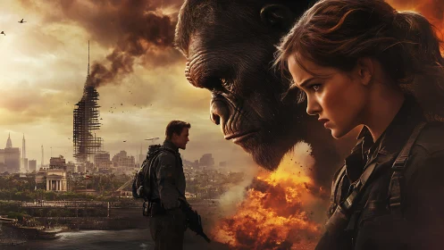 Humans and ape face off over ruined burning cityscape.