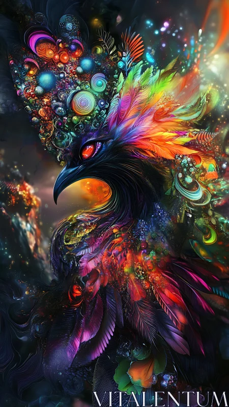 Celestial rainbow phoenix rising in swirling cosmic light.