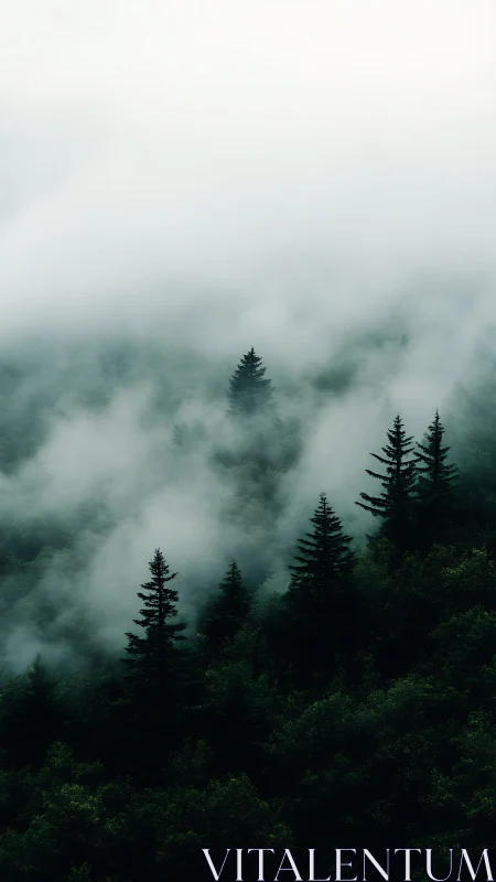 Forest landscape shrouded in fog and mist.