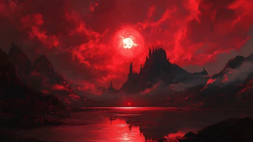 Red-illuminated jagged fortress beneath dense cloud cover.